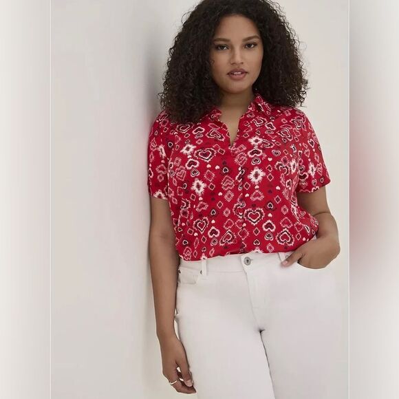 Torrid Red Paisley heart w/Pocket button down blouse sz 2X - Picture 4 of 11